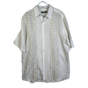 Cubavera Men's L Short Sleeve Button-Up Shirt Linen White Embroidered Relaxed